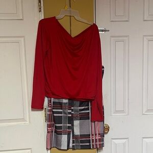 SHEIN Red Draped Top with Black & White Plaid Pencil Skirt